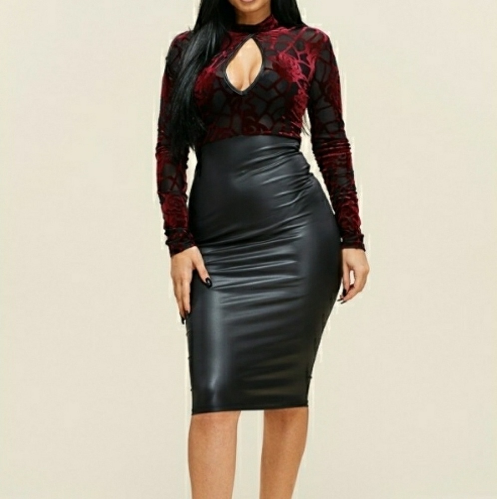 Long Sleeve Mock BurnOut Velvet Bodice Dress - Picture 3 of 7